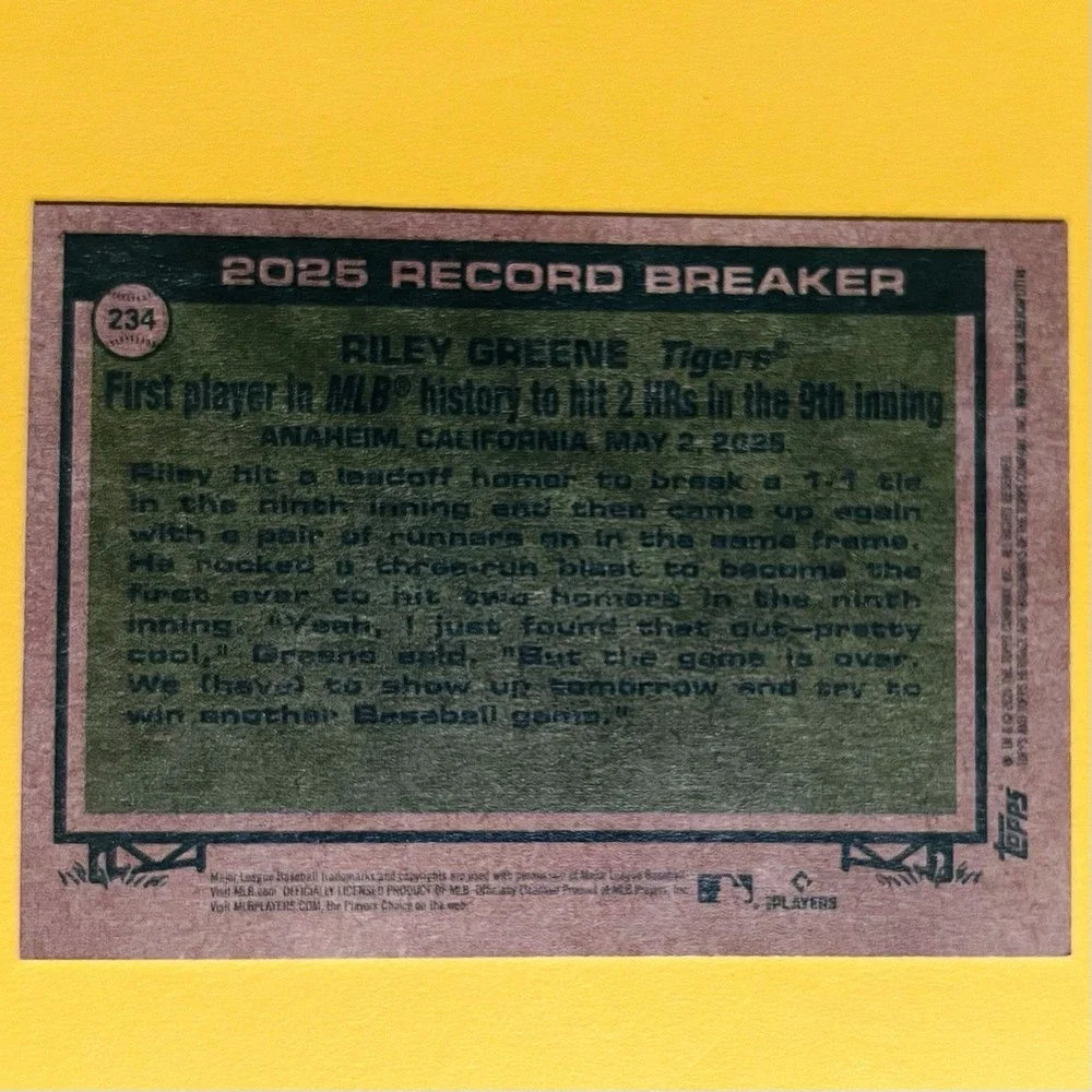 2026‎ Topps Heritage Record Breaker Riley Greene #234 Detroit Tigers Insert